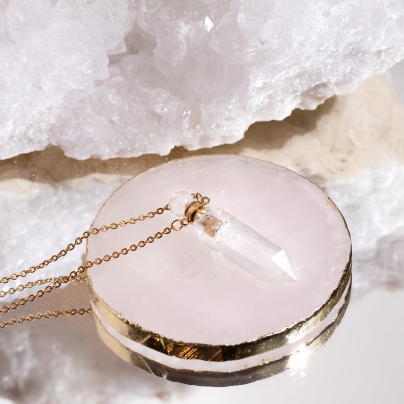 High Priestess Clear Quartz Point Necklace with Oil Chamber Gold.