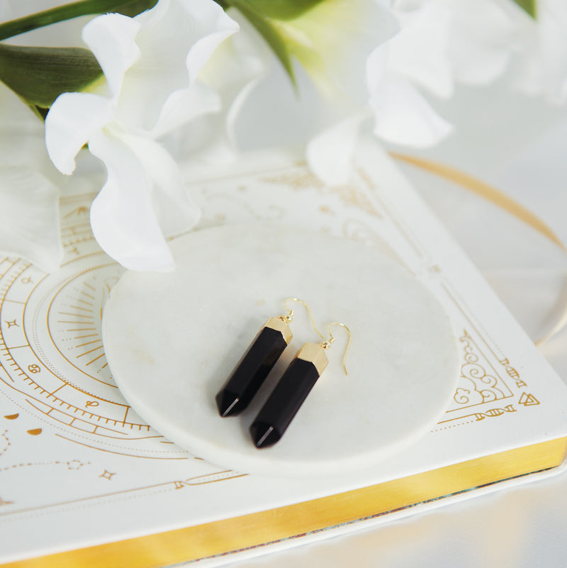 Black Obsidian Point Earrings in Gold Plated 925 Sterling Silver.