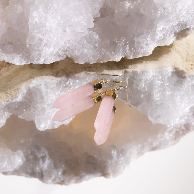 Rose Quartz Point Earrings in Gold Plated 925 Sterling Silver - Beau Life